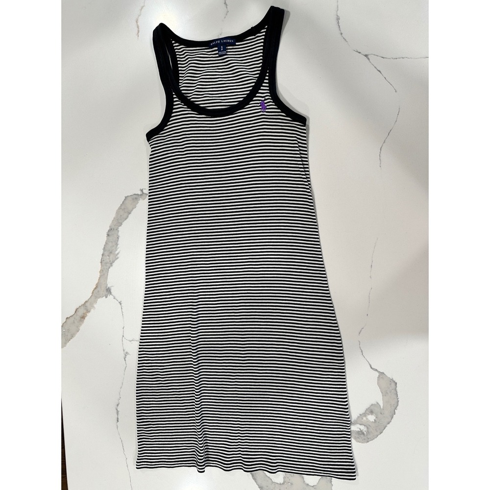 Ralph‎ Lauren Womens Striped Ribbed Tank Dress Black White Purple Pony Small